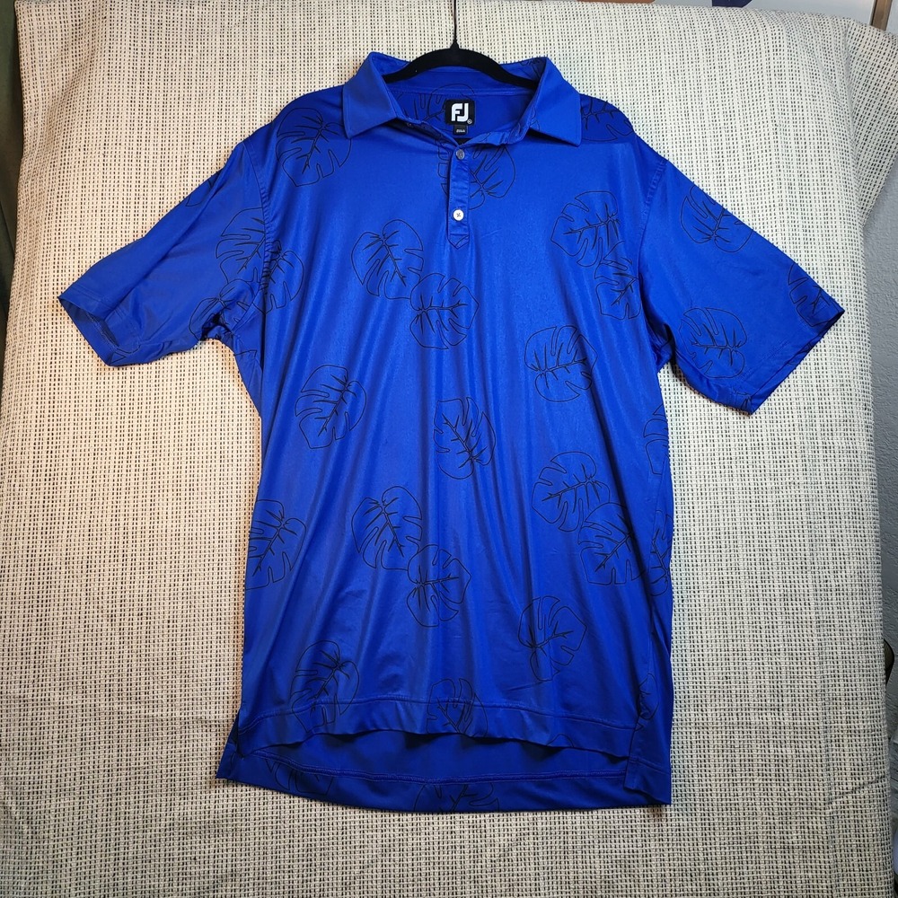 FootJoy FJ Blue Jungle Leaf Print Golf Polo Shirt Mens Size XL